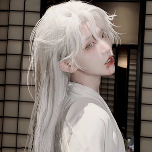 纯白假发男新中式长直发国风氛围感拍照万用道具仿真透气整顶发套
