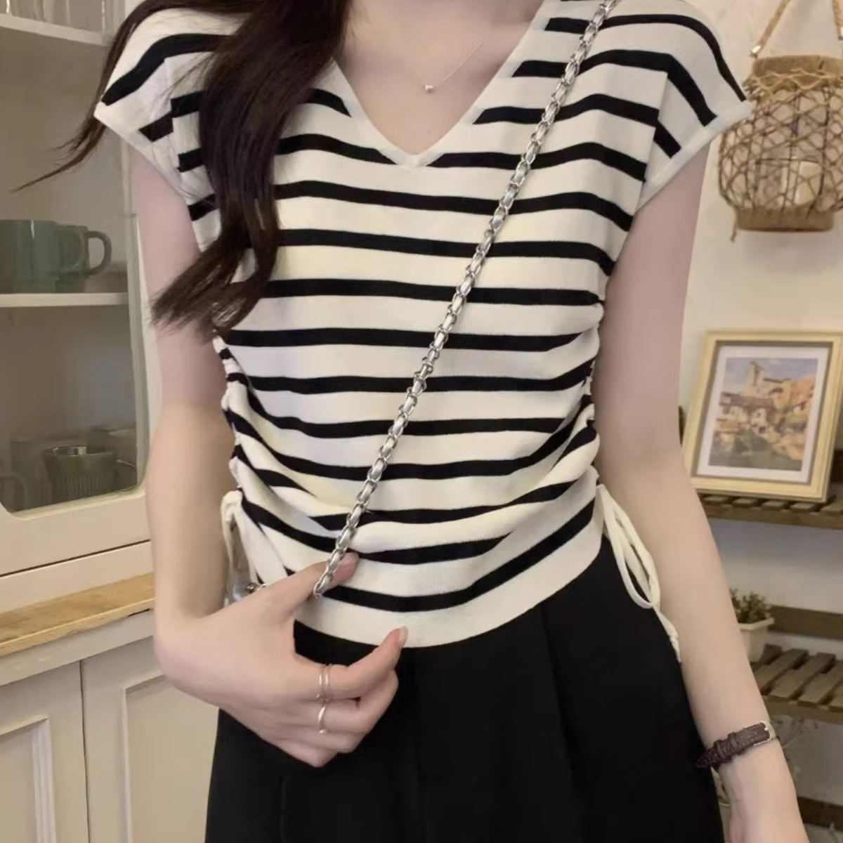 独特设计感小众抽绳针织衫短袖女