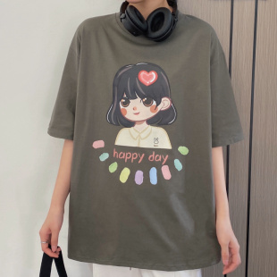 纯棉百搭半袖 宽松韩版 上衣服潮 t恤女2021早春新款 网红港风ins短袖