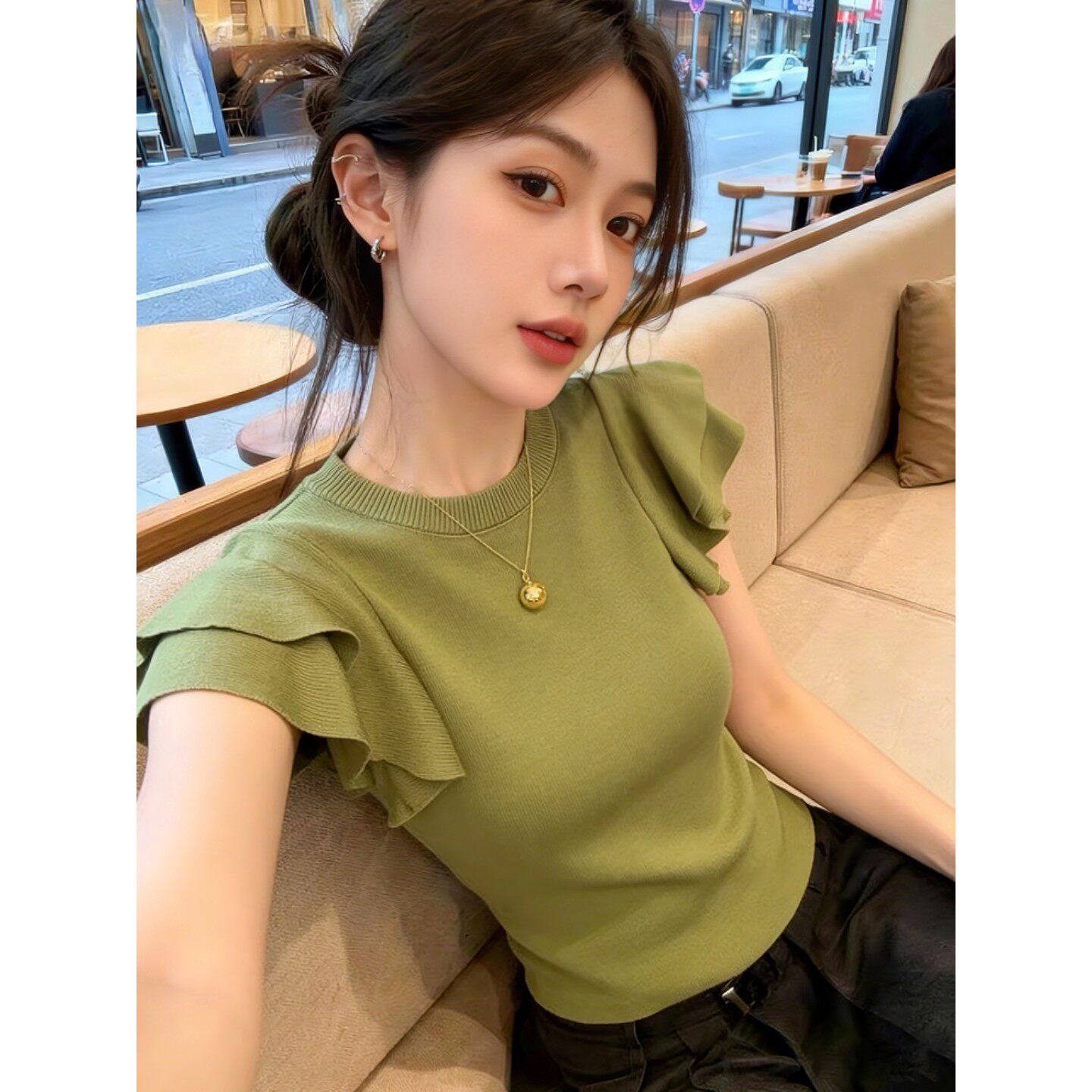 荷叶边针织短袖t恤女夏季设计感小众修身减龄独特漂亮巨好看上衣