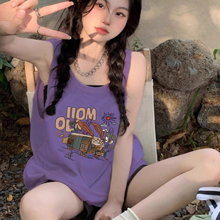 t恤女夏外穿高级感宽松慵懒风挂脖上衣 纯棉吊带运动坎肩背心无袖