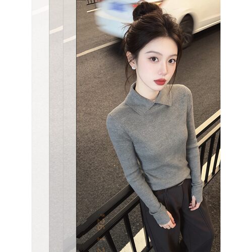韩系polo翻领针织打底衫女早秋季