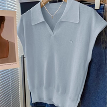 蓝色polo领冰丝针织衫正肩短袖t恤女2025新款夏季高级感短款上衣
