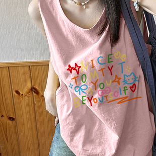 纯棉吊带坎肩运动跨栏背心无袖t恤女夏外穿慵懒风宽松篮球服上衣