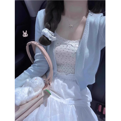 奶蓝色短款V领针织开衫女薄款夏