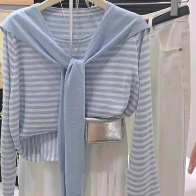 蓝色披肩条纹防晒罩衫长袖t恤女