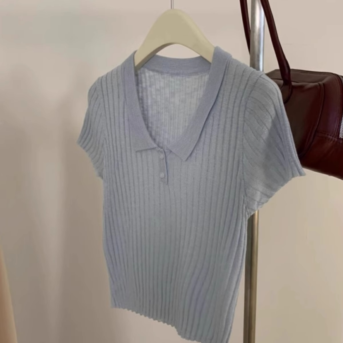 蓝色polo领冰丝针织短袖正肩女夏