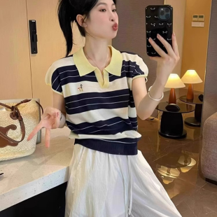 上衣 撞色条纹polo领针织衫 正肩短袖 t恤女夏季 设计感独特漂亮短款