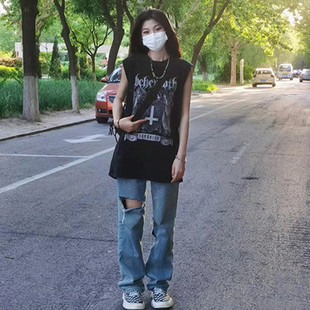 美式 外穿宽松篮球服上衣 复古纯棉吊带运动坎肩背心无袖 t恤女夏季