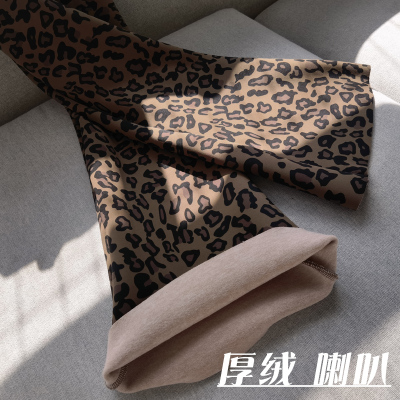 咖色加绒加厚豹纹微喇叭鲨鱼裤女秋冬季保暖瘦腿瑜伽高腰收腹加长