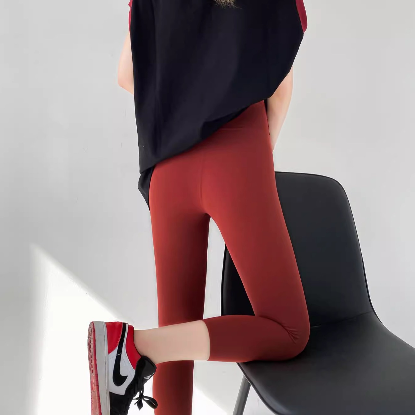 复古酒红色七八分夏薄款无尴尬线高腰收腹瑜伽透气健身速干鲨鱼裤