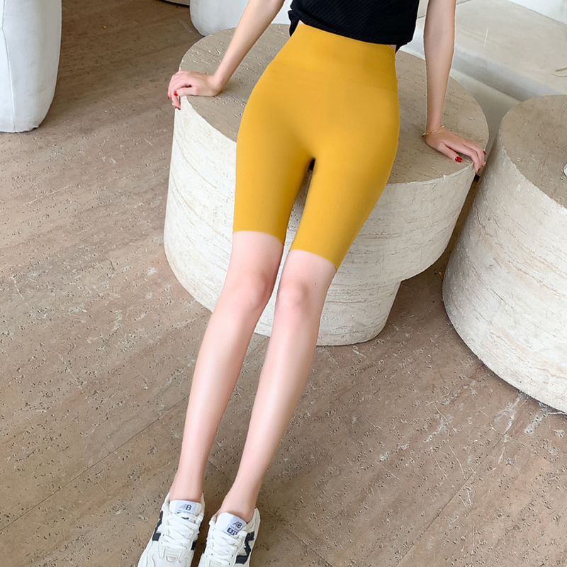 柠檬黄色五分骑行无痕尬高腰收腹短瑜伽健身鲨鱼裤女夏天薄款透气