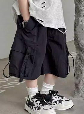 儿童宽松短裤工装裤夏季男童直筒裤小男孩长裤宝宝黑色帅气裤子潮