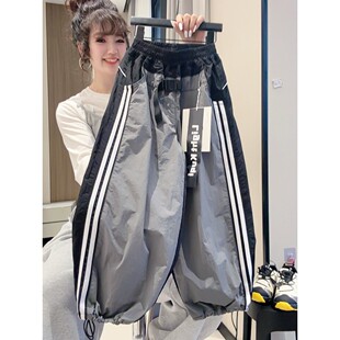 儿童男童女童灰色条纹宽松运动裤显瘦百搭拼色夏季工装裤潮酷百搭