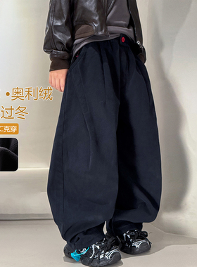 男童加绒裤子秋冬款2025新款大儿童冬季一体绒弯刀阔腿裤加厚帅气