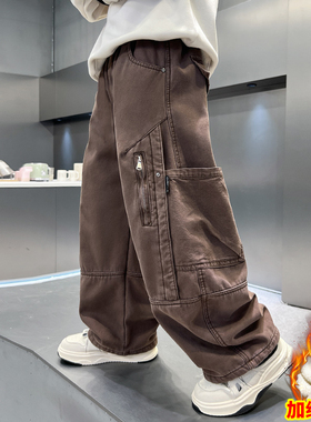 男童裤子加绒加厚一体绒儿童冬季工装裤2025秋冬新款大童装冬装潮