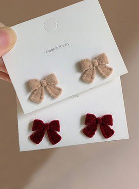 S925银针毛绒红色肉色蝴蝶结可爱耳钉女潮韩国东大门同款耳环