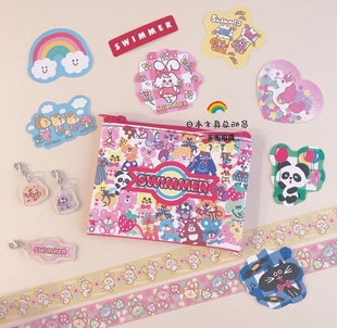 *日本正版萌物pu皮包挂小熊小兔子爱心swimmer贴纸收纳包拉链扣