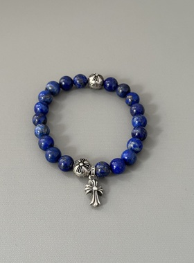 匠银JY925纯银鸢尾花十字架8MM天然绿松石银饰情侣手链手串