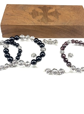 匠银JY 925纯银十字花鸢尾花8/10MM八银珠银饰黑玛瑙情侣手链