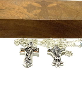 匠银JY 925纯银2MM圆珠环链乌干巴十字架童军花鸢尾花吊坠项链