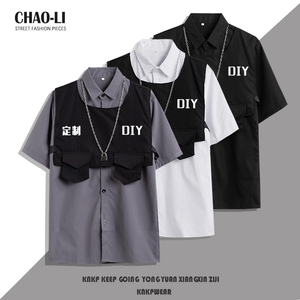 夏季短袖衬衫男潮个性定制logo订制工作服发型师酒吧工装衬衣套装