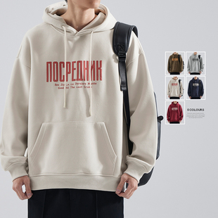 hansca380g重磅加绒连帽卫衣男士2024秋冬季加厚美式宽松上衣外套