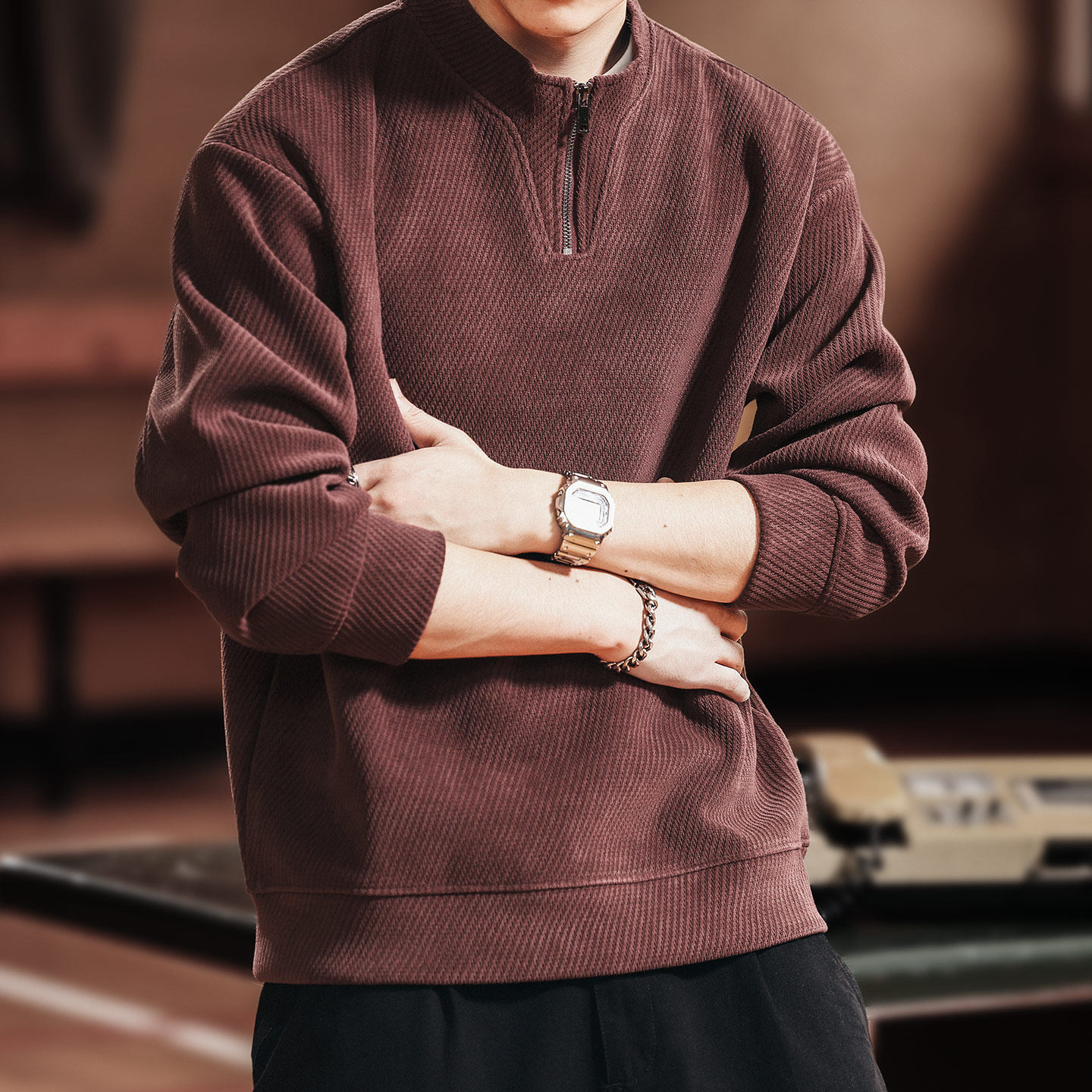 格蓝鹿美式复古半拉链立领卫衣男2025秋季加绒肌理感宽松休闲外套