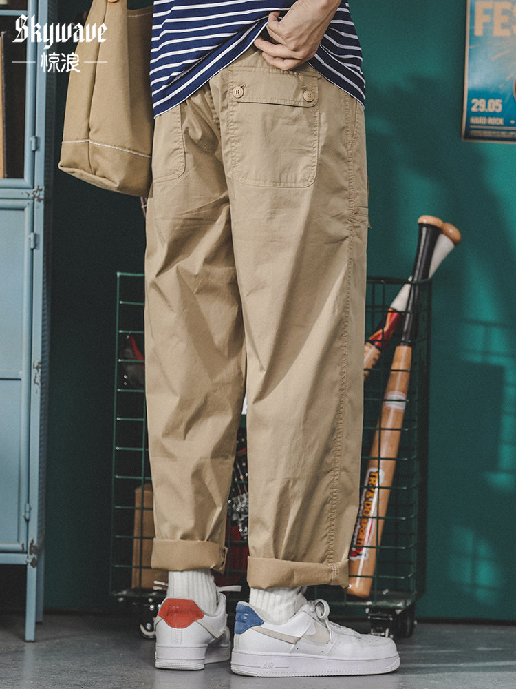 新款日系穿搭卡其色休闲工装裤男直筒宽松大码夏季阔腿九分裤子潮
