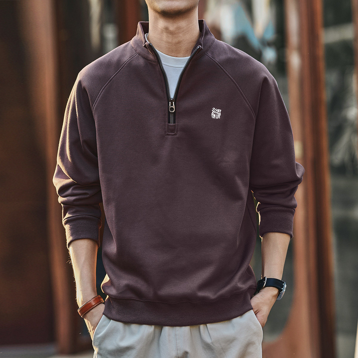 格蓝鹿高端潮牌刺绣半拉链立领卫衣男秋季加绒户外休闲上衣POLO衫