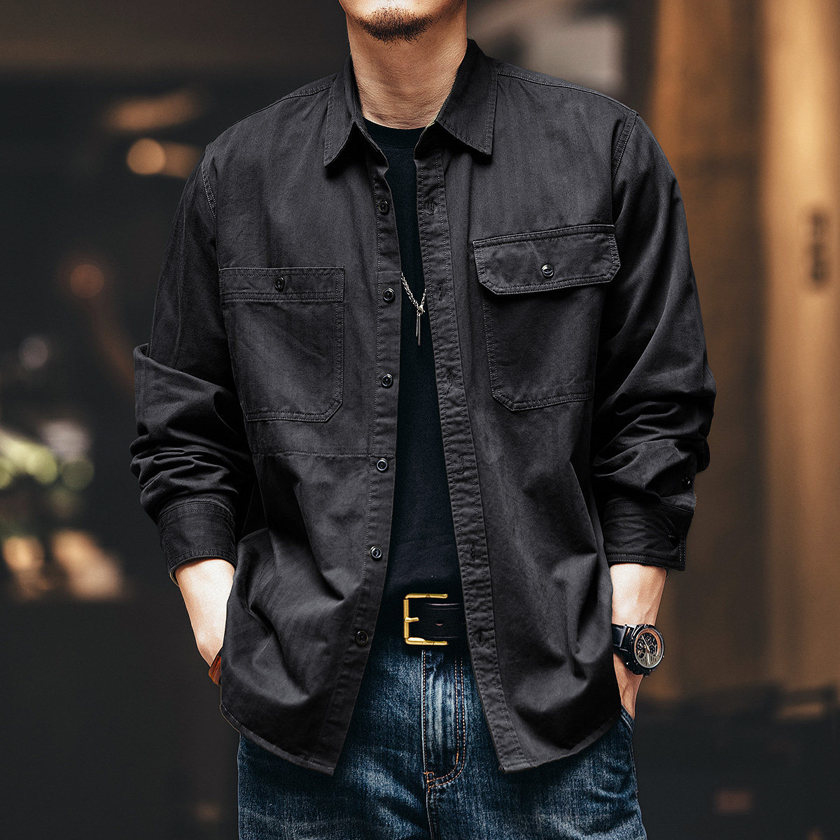 格蓝鹿高端复古工装长袖衬衫男春秋季潮牌宽松多口袋猎装衬衣外套