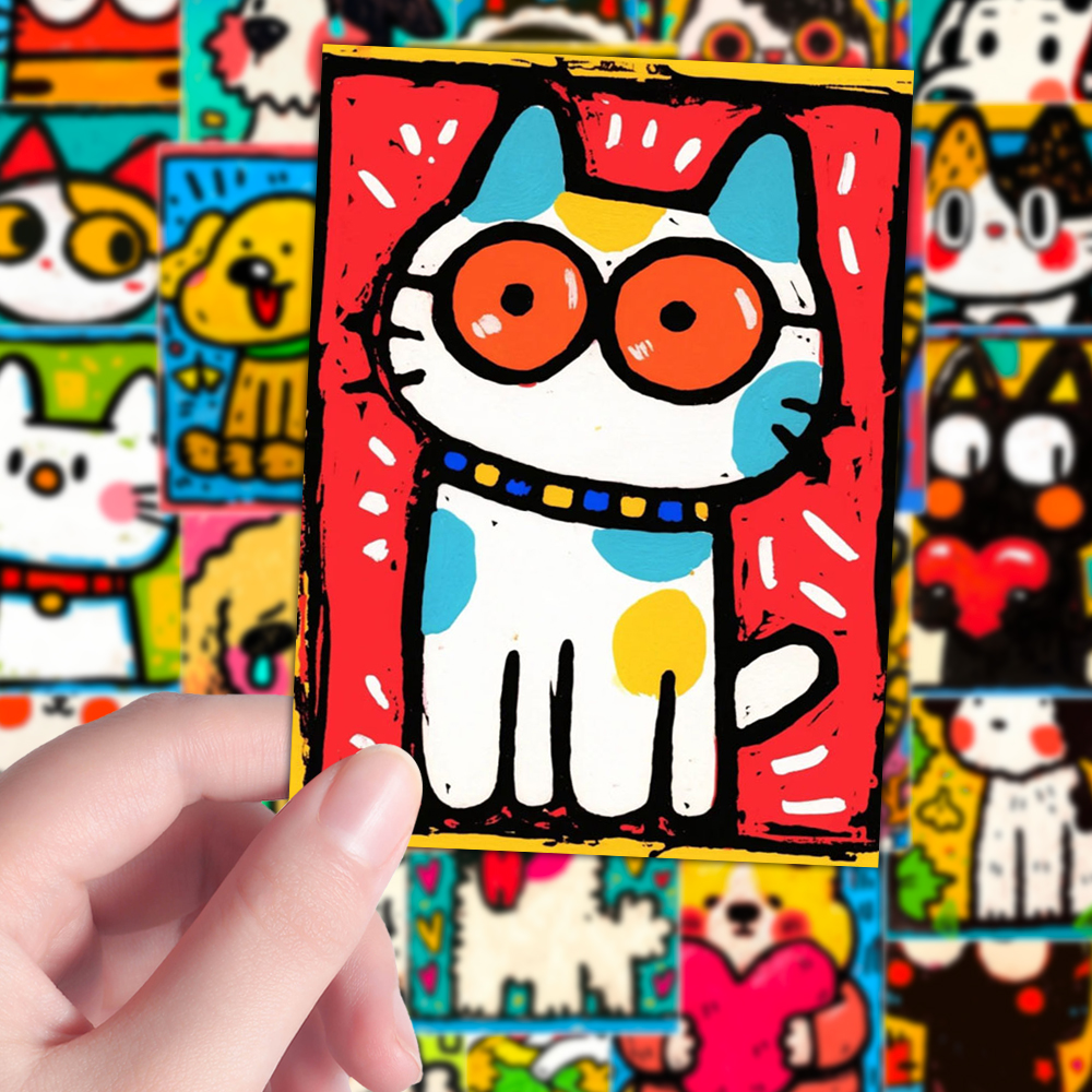 160张彩绘猫咪狗狗插画卡通可爱多巴胺艺术色彩涂鸦手账壁纸贴画