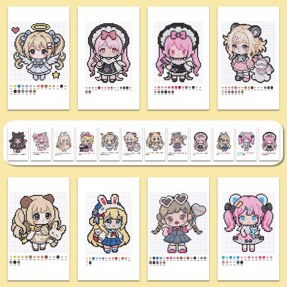 爆款】48张可爱少女拼豆图纸贴纸二次元少女心像素参考卡通贴画 - 实物图