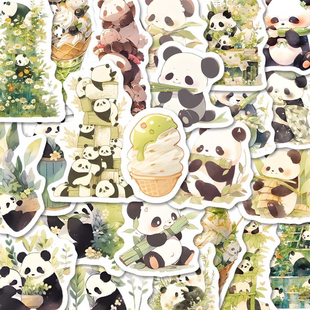 64张熊猫宝宝可爱q版软萌动漫贴纸少女心diy手账手机壳笔记本贴画