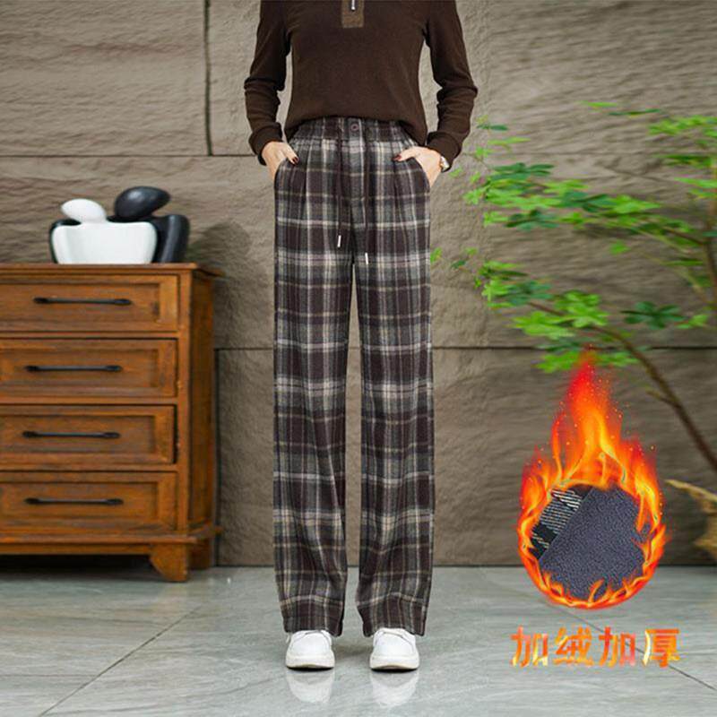 燕姐服饰女裤加绒休闲裤冬季加厚阔腿裤毛呢格子长裤高腰直筒裤子
