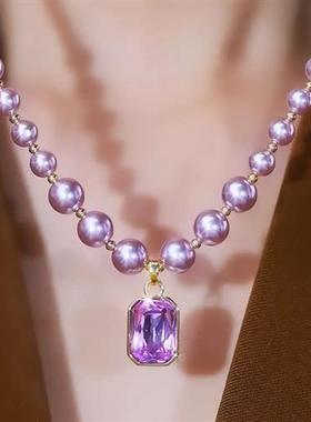 好沄多2025年新款高级感珍珠晶石项链几何紫色方形水晶吊坠锁骨链