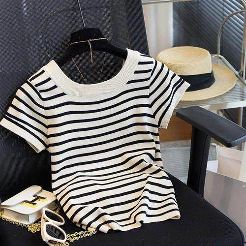如是惠选女装高品质韩系T恤法式U领条纹冰丝短袖女士修身针织上衣
