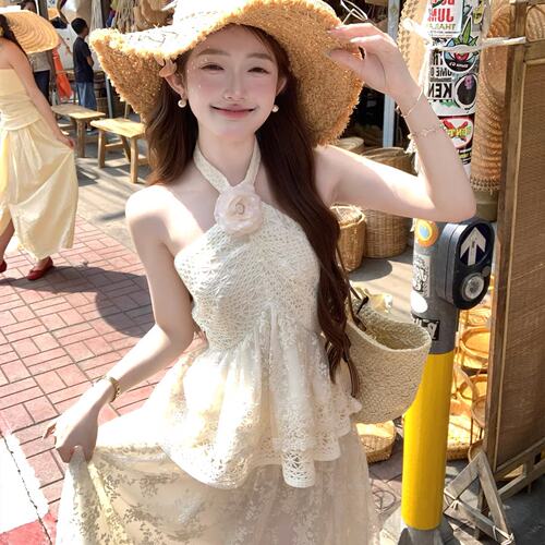 Acaine白色短款蕾丝挂脖吊带上衣高腰a字半身裙两件套女夏季套装