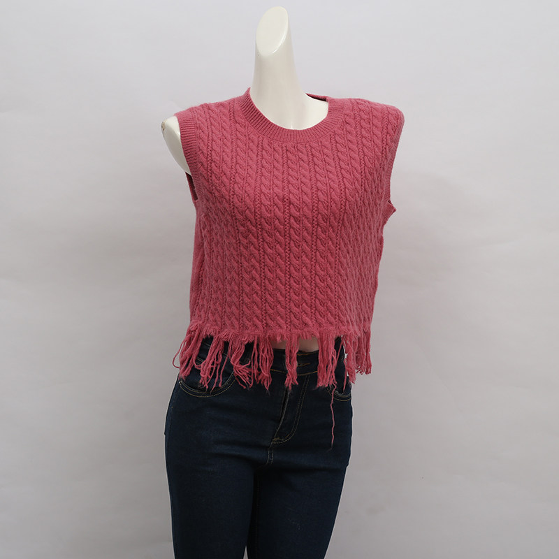 设计感韩系麻花无袖圆领针织背心女秋冬季外搭下摆流苏边百搭上衣