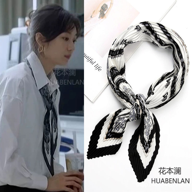 烟火人家孙千陶姝娜同款丝巾黑色褶皱尖角菱形领巾明星高级感围巾