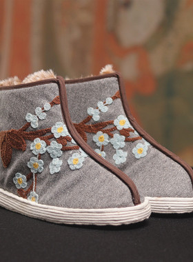 纯手工千层底布鞋女冬季加绒棉靴新中式梅花一脚蹬平底护脚踝棉鞋