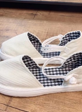 村匠纯手工千层底布鞋女夏季透气盘扣系带复古白色灯芯绒平底凉鞋