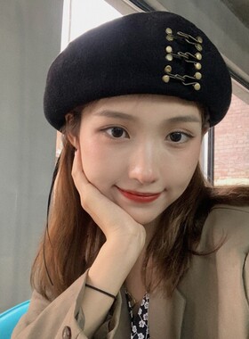 韩版ins网红钉扣羊毛贝雷帽子女秋复古时尚黑色逛街百搭画家帽潮