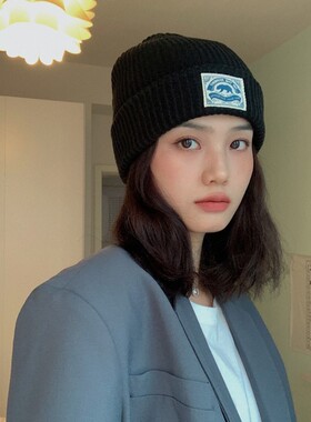 黑色百搭贴布毛线帽子女秋冬灰色卡通图案冷帽男潮时尚保暖针织帽