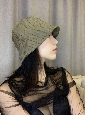 墨绿色毛边水桶帽子女韩国ins同款百搭渔夫帽素养防晒遮阳盆帽潮