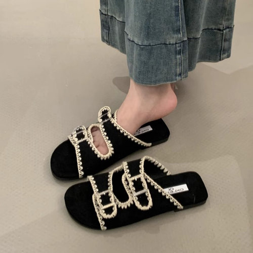 配裙子平底露趾一字拖鞋女
