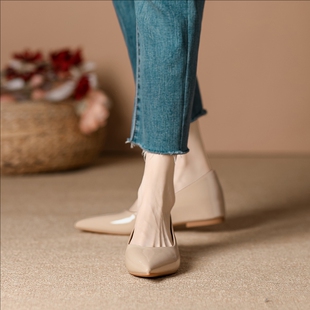 女春秋内增高浅口裸色百搭通勤平底皮鞋 百丽班尼真皮法式 尖头单鞋