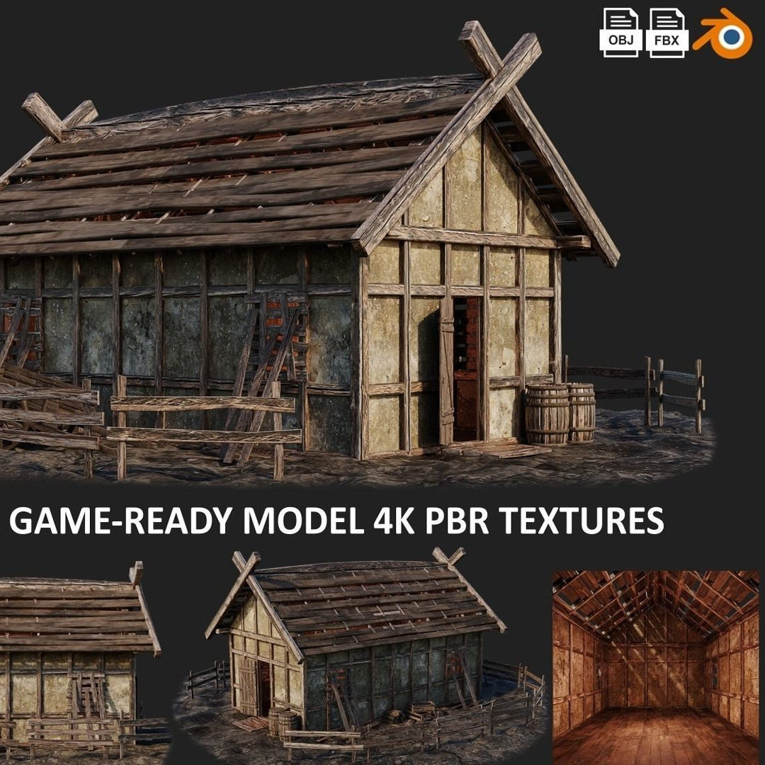 废弃小屋废弃房子3D模型含贴图obj/blender/fbx现实真实