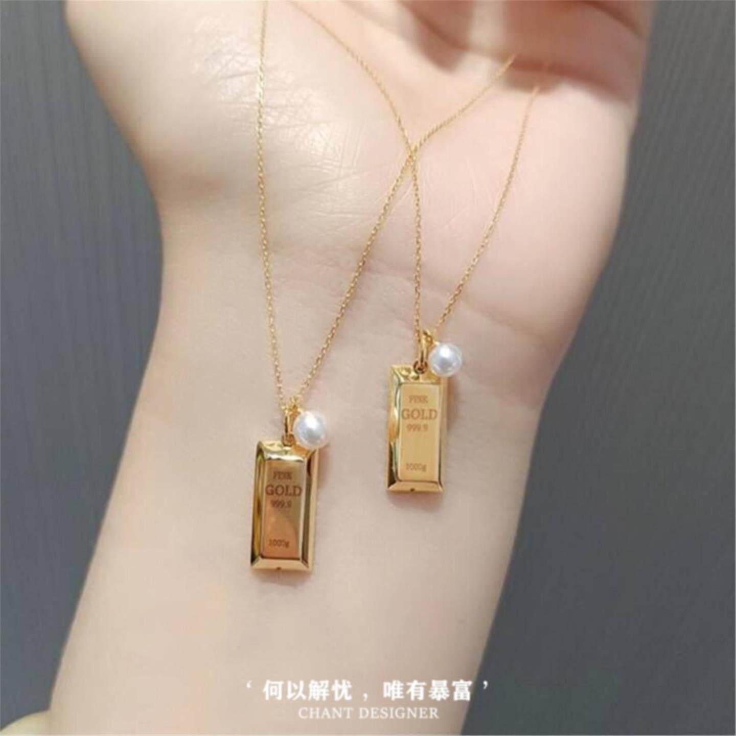 纯银镀黄金色暴富小金·条项链 女小方块金色砖锁骨链招财转运潮