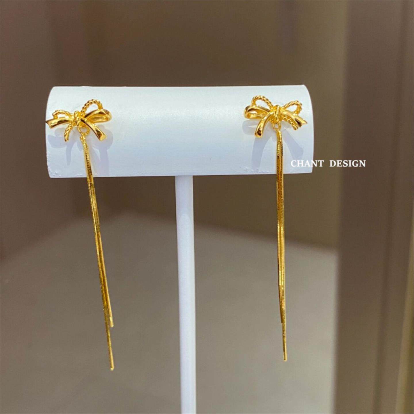 纯银镀黄金色蝴蝶结流苏耳钉女  可拆卸耳线蝴蝶耳环礼物一款多戴